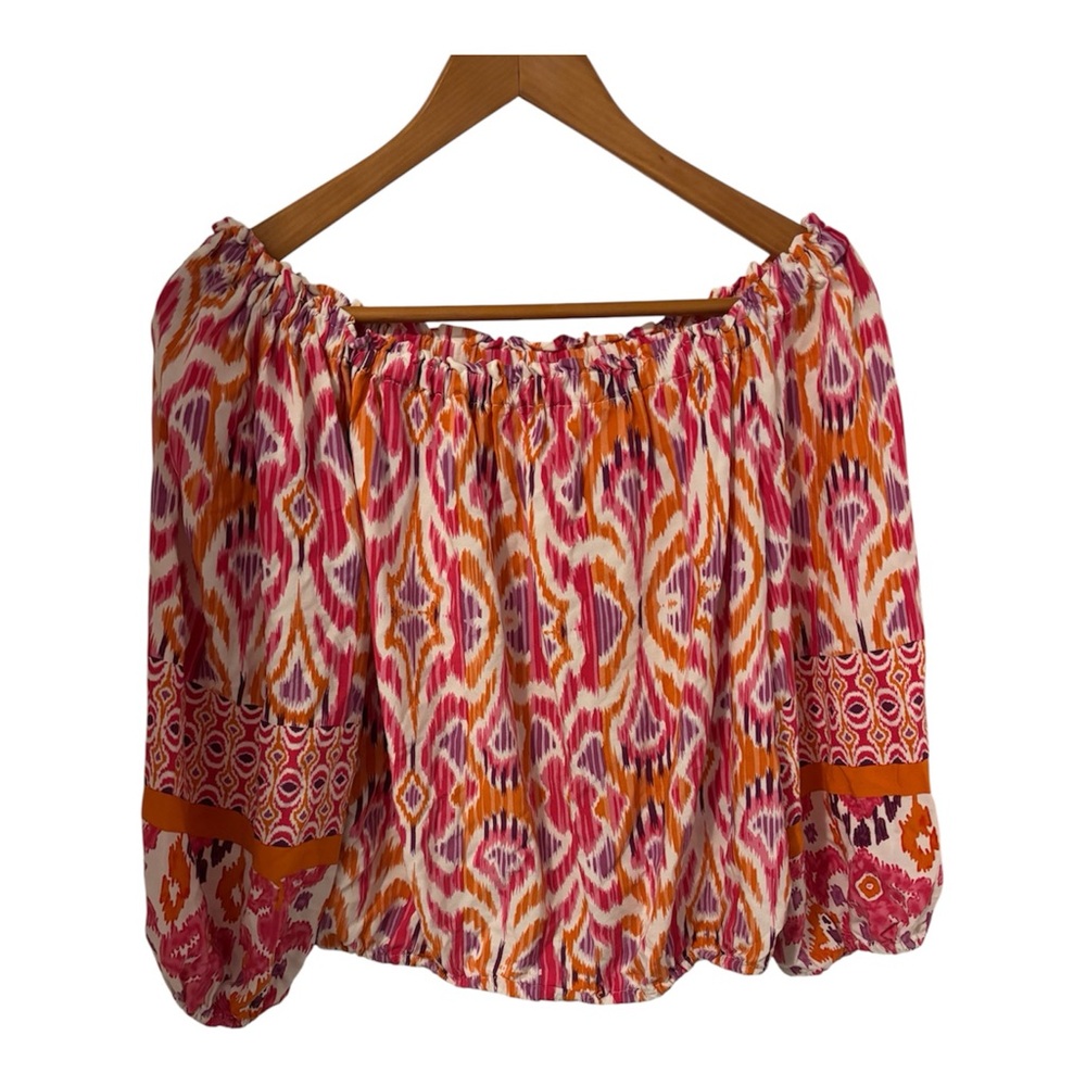Christian Siriano Women's Cropped Boho Blouse Pink Orange Puff Sleeves Size M
